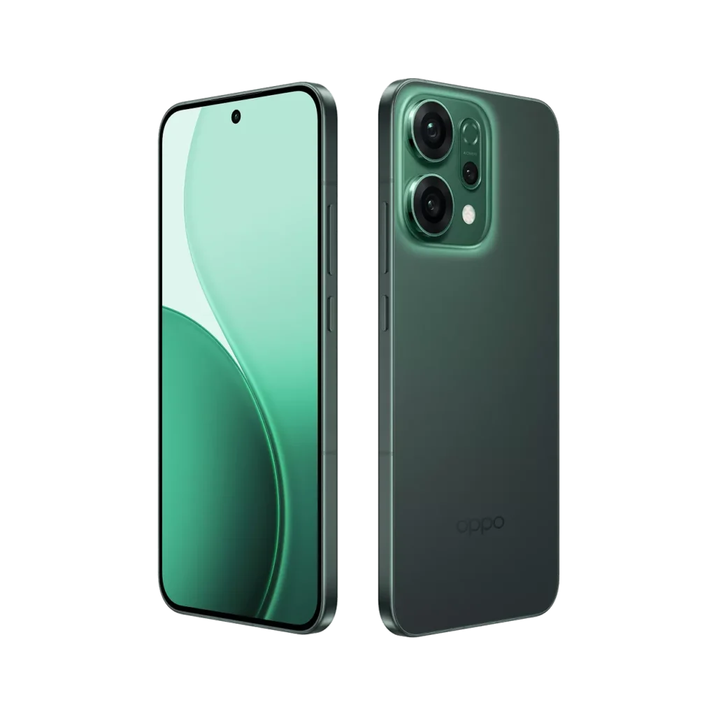 Oppo Reno 14 5G Forest green front and back view 