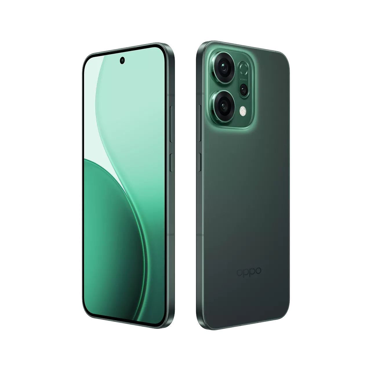 Oppo Reno 14 5G Forest green front and back view