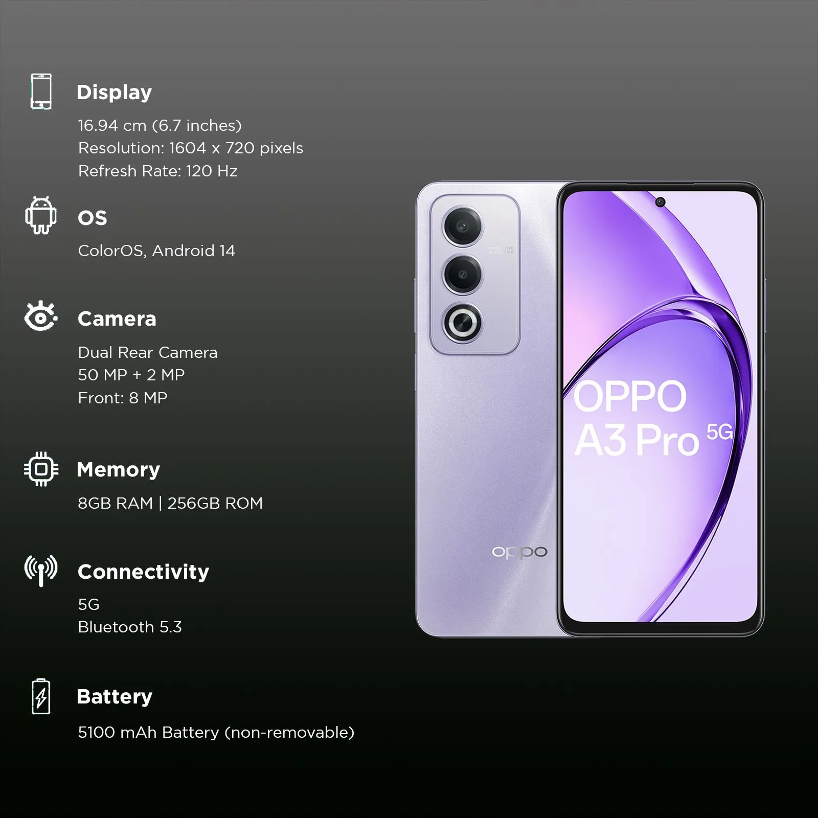 OPPO A3 PRO 5G Moonlight Purple features