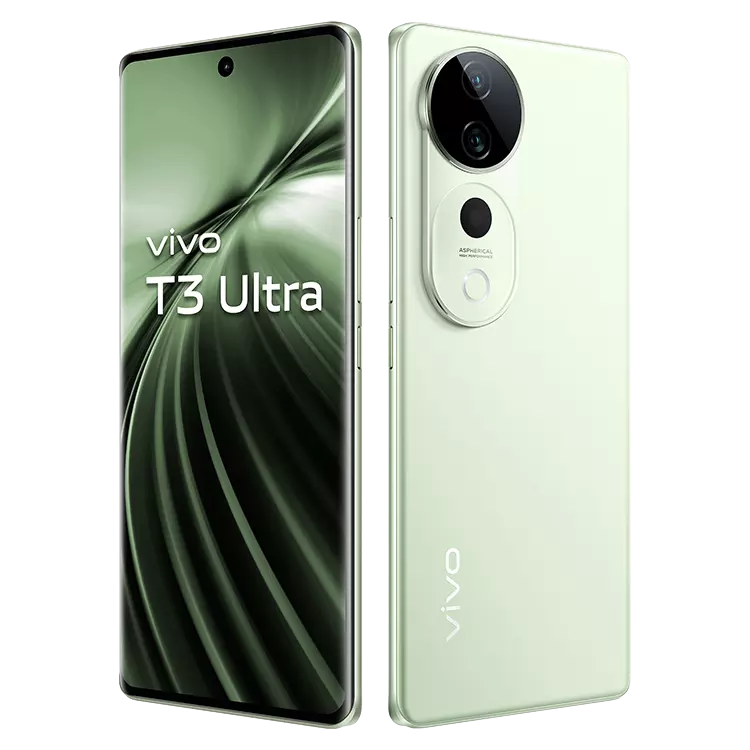 Vivo T3 Ultra Frost Green front back inclined outword