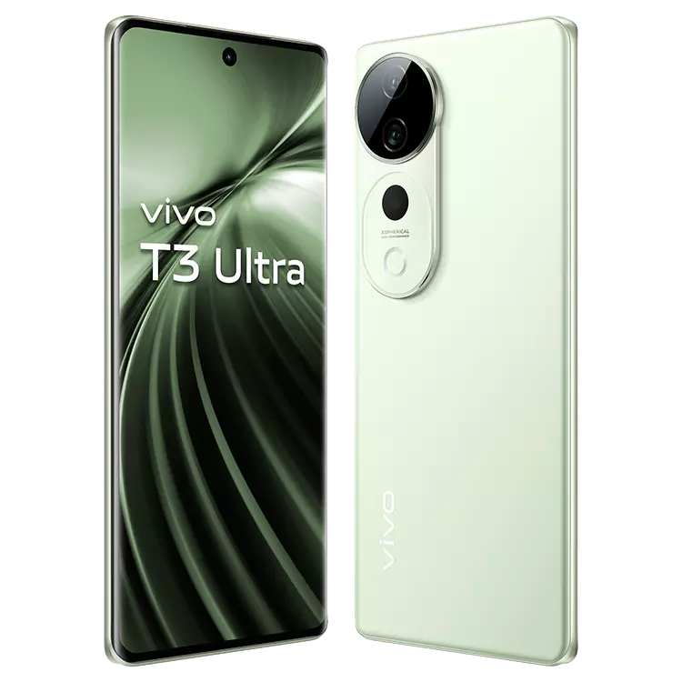 Vivo T3 Ultra Frost Green sfront back inclined inword