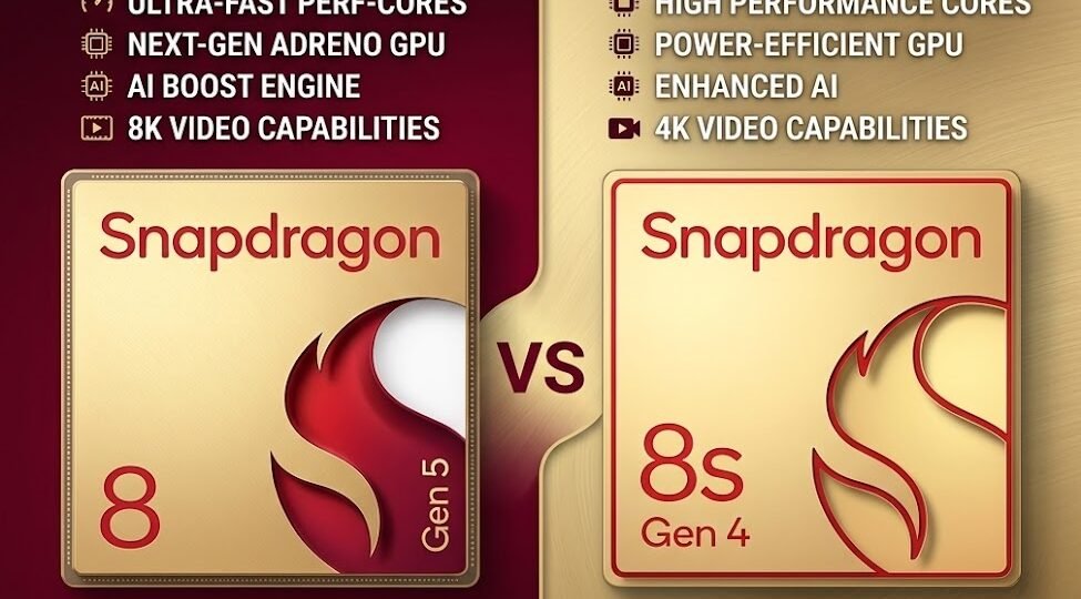 Comparison infographic of Qualcomm Snapdragon 8 Gen 5 vs Snapdragon 8s Gen 4 mobile platforms highlighting performance and efficiency differences.