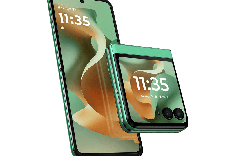 Motorola Razr 60 foldable smartphone in Pantone Spring Bud color, sleek design with large external display