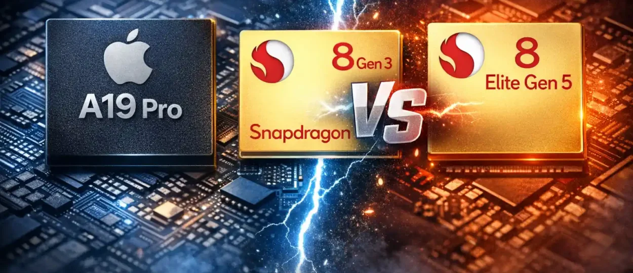 Comparison image showing Apple A19 Pro, Snapdragon 8 Gen 3, and Snapdragon 8 Elite Gen 5 processors with lightning “VS” effect