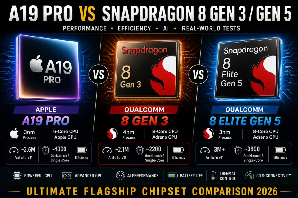 Comparison image showing Apple A19 Pro, Snapdragon 8 Gen 3, and Snapdragon 8 Elite Gen 5 processors with lightning “VS” effect